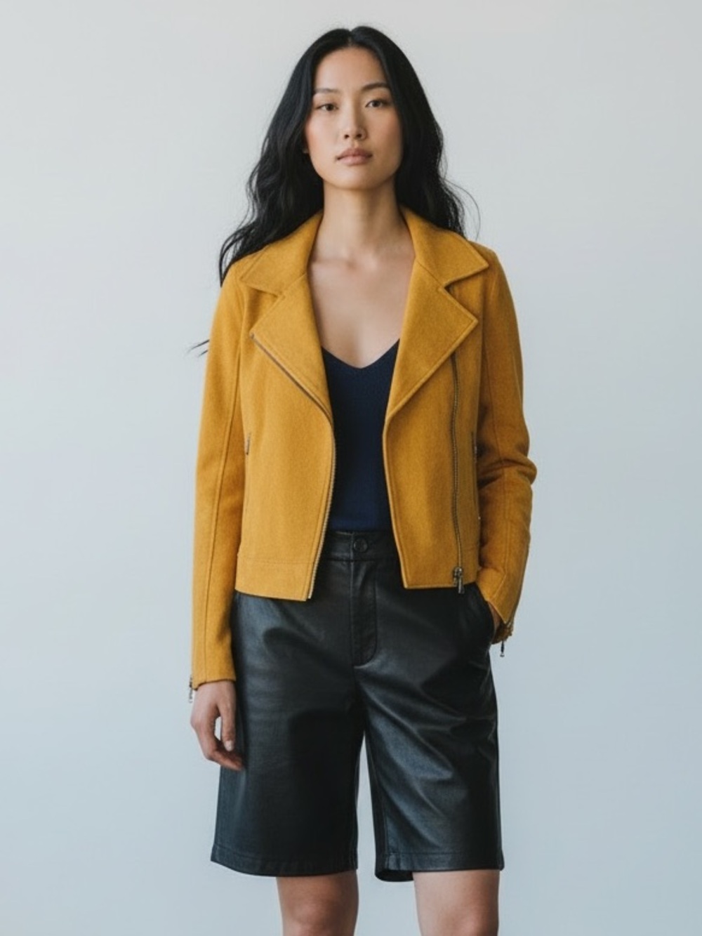 Tahari Mustard Yellow Felted Wool Asymmetrical Zip Moto Jacket XS